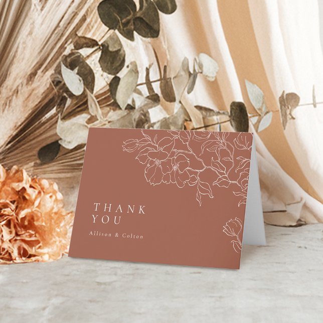 Elegant hand plockade blommigt terracotta bröllop tack kort (Elegant hand drawn floral terracotta wedding thank you card)