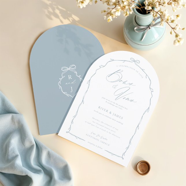 Elegant Hand plockade Blue Bow & Ribbon Arch Bröll Inbjudningar (Elegant Hand Drawn Blue Bow & Ribbon Arch Wedding Invitation)