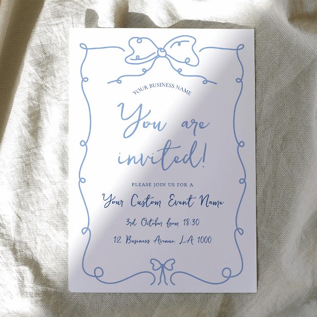 Elegant Hand plockade Bows Blue Business Event Gal Inbjudningar (Elegant hand-drawn style business event invitation with handwritten style font in blue and white)