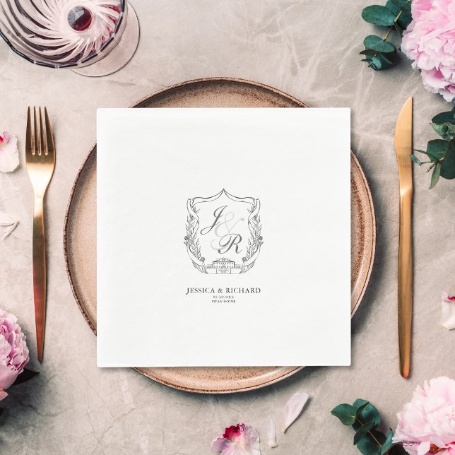 Elegant Hand plockade Bröllop Monogram Vapensköld Pappersservett (classic hand drawn wedding venue invitation, swan house usa)