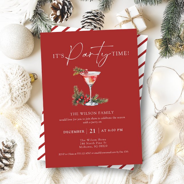 Elegant Hand plockade Cocktail-jul Party Inbjudningar (It's Party Time! Christmas cocktail party invitation with hand drawn Martini glass)