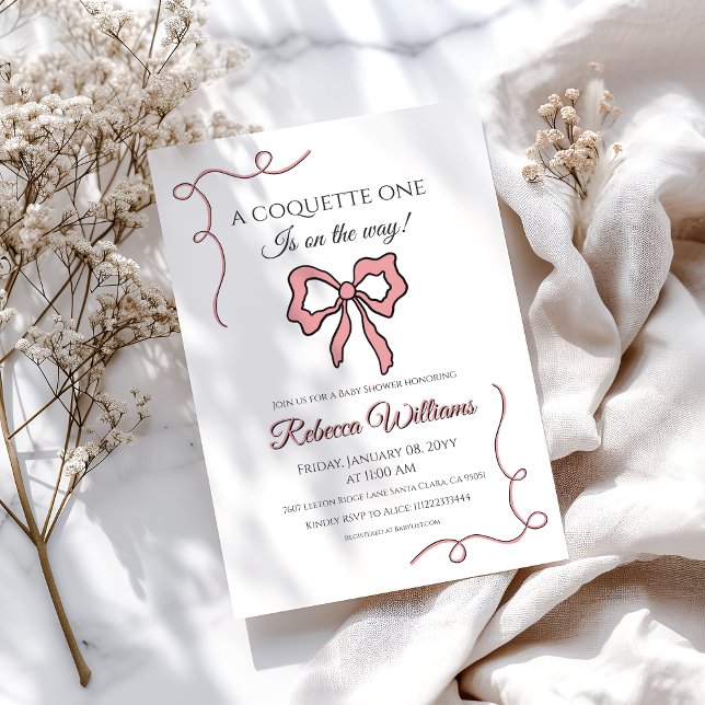 Elegant Hand plockade Coquette Rosa Bow Baby Showe Inbjudningar (Skapare uppladdad)
