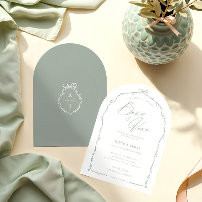 Elegant Hand plockade Grönt Bow & Ribbon Arch Bröl Inbjudningar (Elegant Hand Drawn Green Bow & Ribbon Arch Wedding Invitation)