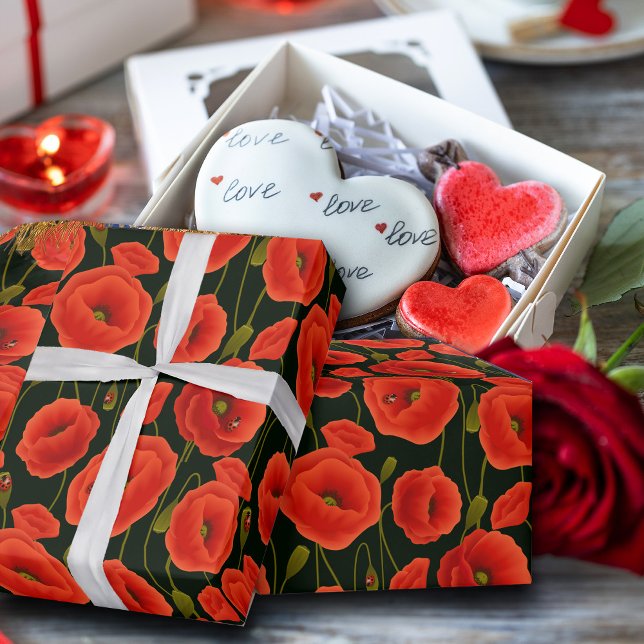 Elegant Hand plockade Red Grönt blommönster Presentpapper (#redflowerswrapping #valentine #zazzlemade)