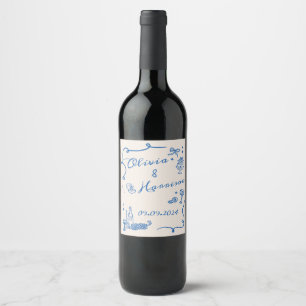Elegant Hand plockade Retro Blue Bröllop Vin Vinflaska Etikett