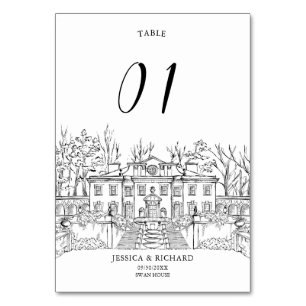 Elegant Hand plockade Venue Chateau Illustration Bordsnummer