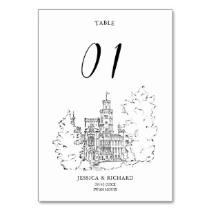 Elegant Hand plockade Venue Chateau Illustration Bordsnummer