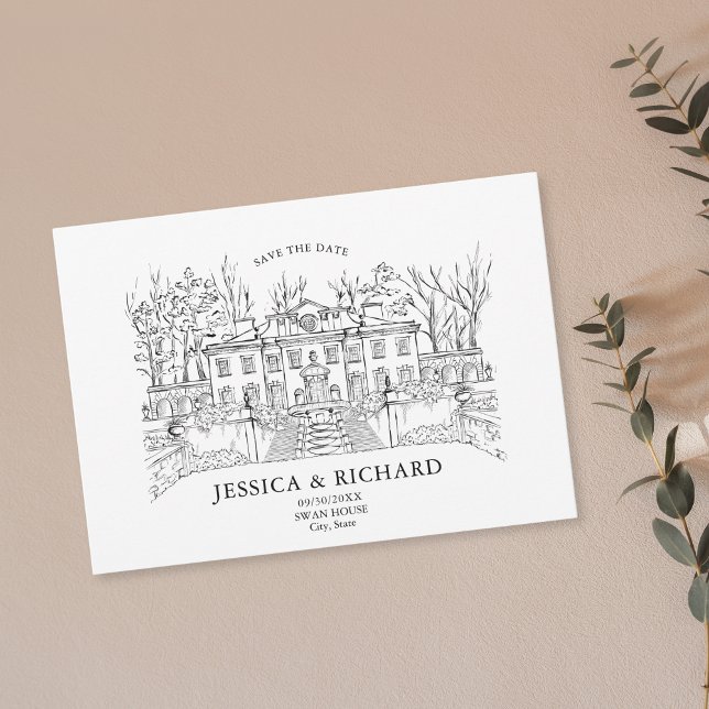 Elegant Hand plockade Venue Chateau Illustration Inbjudningar (swan house wedding venue custom  illustration)