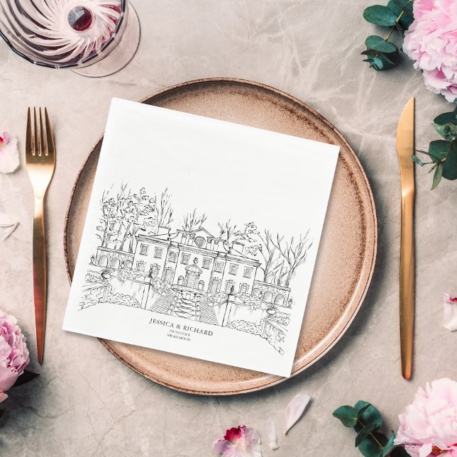Elegant Hand plockade Venue Chateau Illustration Pappersservett (hand drawn wedding venue illustration, black and white drawing)