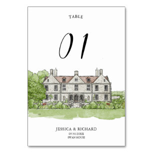 Elegant Hand plockade Venue Mansion Illustration Bordsnummer