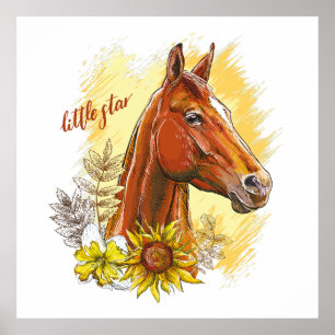 Elegant hand teckning häst med växter och blommor poster
