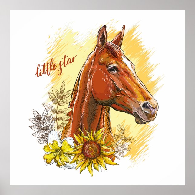 Elegant hand teckning häst med växter och blommor poster (Framsidan)