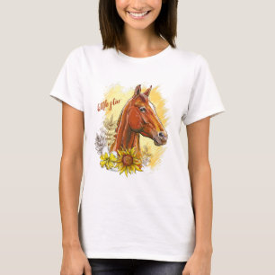 Elegant hand teckning häst med växter och blommor t shirt