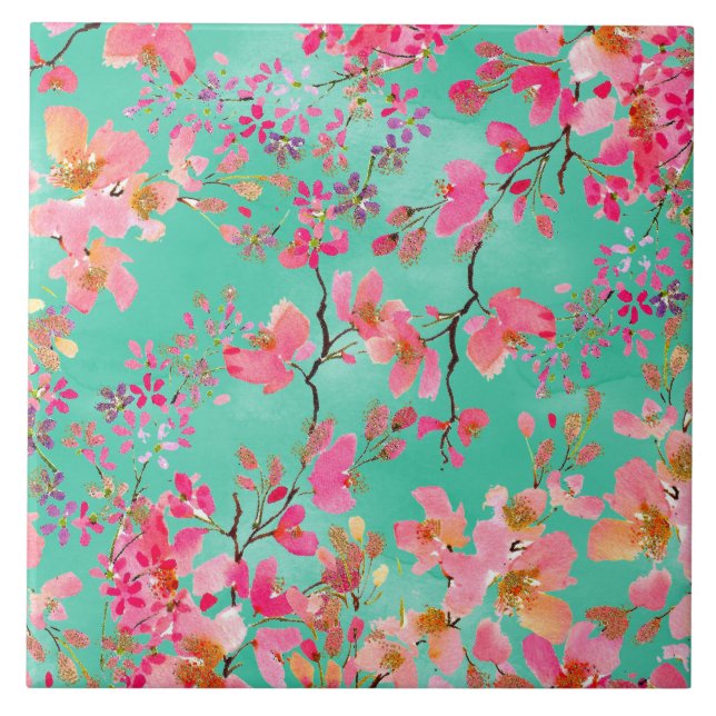 Elegant-handfärgsfärg vår blommigt kakelplatta (Framsidan)