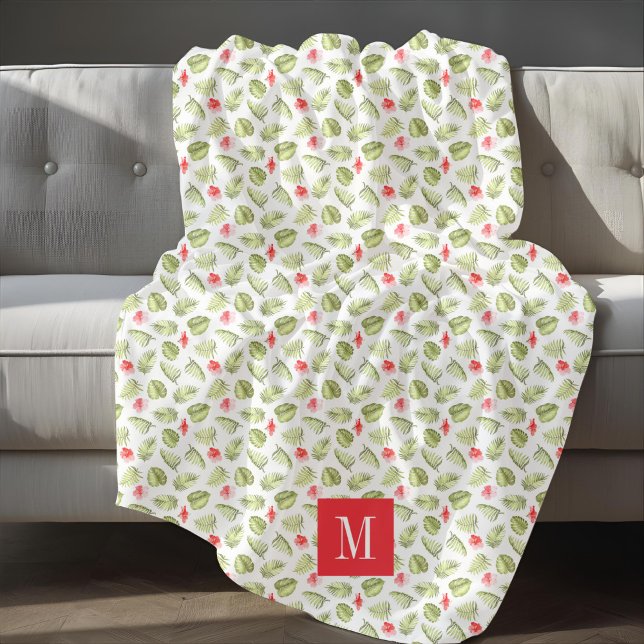Elegant Handflatan Löv Monogram Fleecefilt (Elegant Palm Leaves Monogram Fleece Blanket)