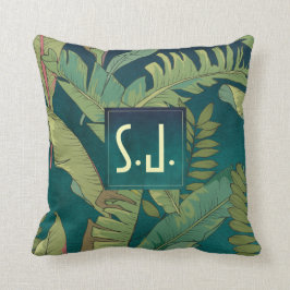 Elegant Handflatan Löv på Teal Watercolor Monogram Kudde