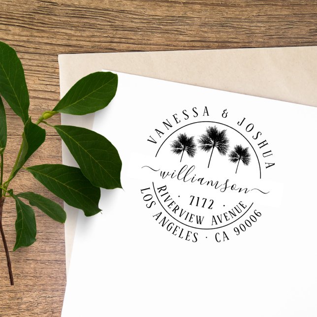 Elegant Handflatan Träd par Family Returadress Självfärgande Stämpel (Elegant  Vintage Typography Palm Trees Tropical married couple / wedding return address stamp)