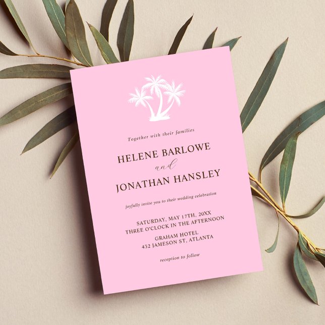 Elegant Handflatan Träd Rosa Tropiskt minimalistis Inbjudningar (Elegant Palm Tree Pink Tropical Minimalist Wedding Invitation)