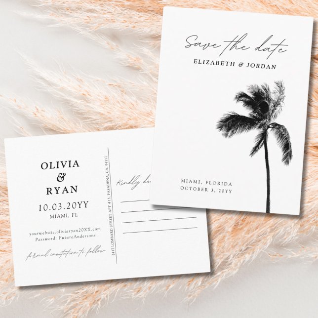 Elegant Handflatan Träd Spara vykortet för datum Vykort (Elegant Palm Tree Save the Date Postcard)