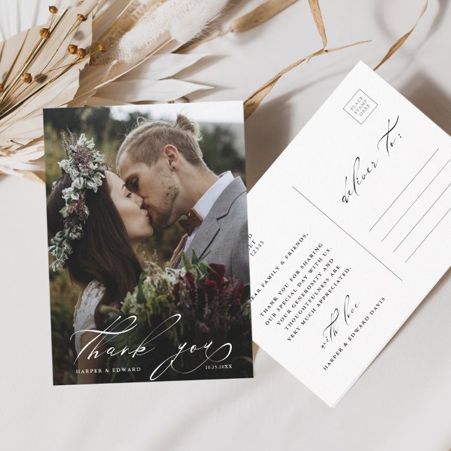 Elegant Handlettered Foto Bröllop Tack Vykort (Skapare uppladdad)