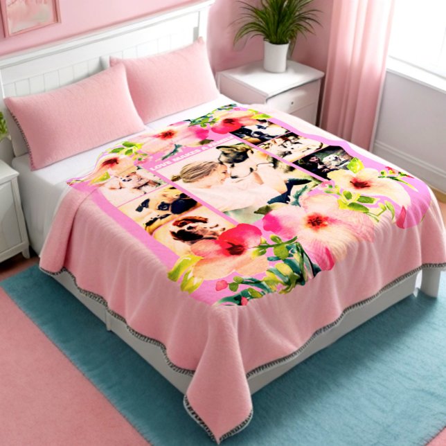 Elegant Handmade Watercolor Ro Photo Collage Fleecefilt (Cute photo collage floral blanket)
