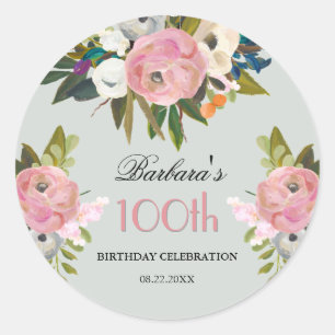 Elegant Handmålad Blommig 100-års Födelsedags Häls Runt Klistermärke