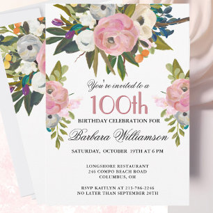 Elegant Handmålad Blommig 100-års Födelsedagsfest Inbjudningar