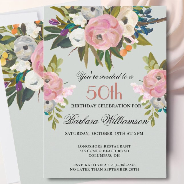 Elegant Handmålad Blommig 50-års Födelsedagsfest  Inbjudningar (Skapare uppladdad)