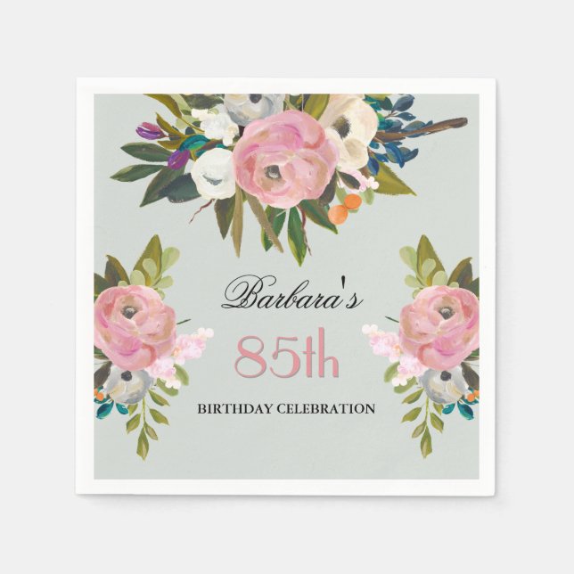 Elegant Handmålad Blommig 85-årsfest  Pappersservett (Framsidan)