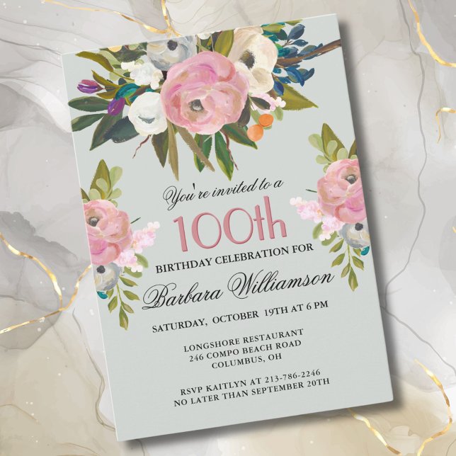 Elegant Handmålad Blommigt 100:e Födelsedagsfesten Inbjudningar (Skapare uppladdad)