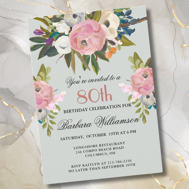 Elegant Handmålad Blommigt 80:e Födelsedagsfesten Inbjudningar (Skapare uppladdad)