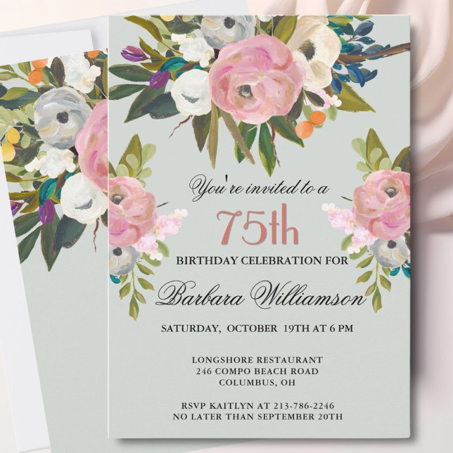 Elegant handmålad blomster 75-årsfirande  inbjudningar (Skapare uppladdad)