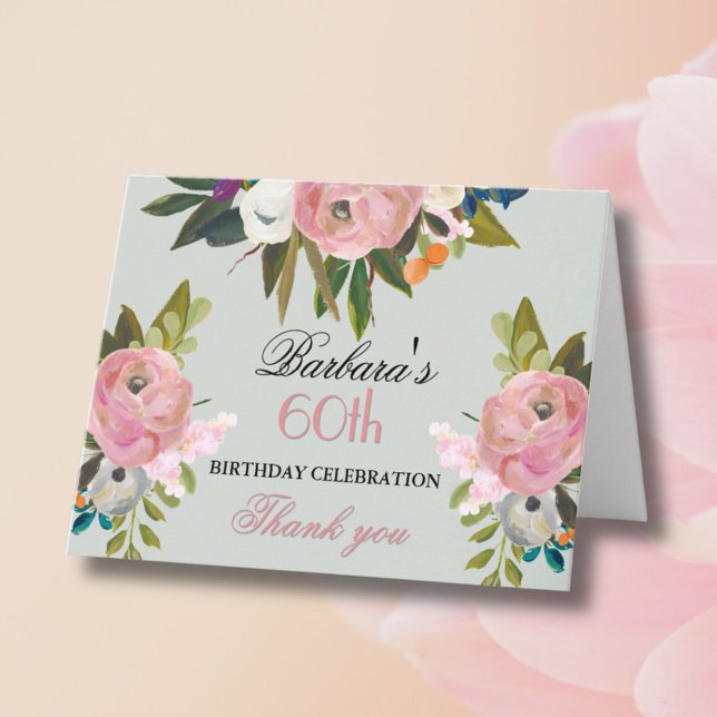 Elegant handmålad blomsterfirande 60-årsfest  tack kort (Skapare uppladdad)