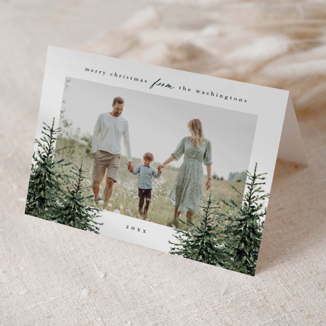 Elegant Handmålad Tall Bild Jul Helgkort (Elegant hand painted watercolor Christmas trees 3 photo folded holiday cards.)