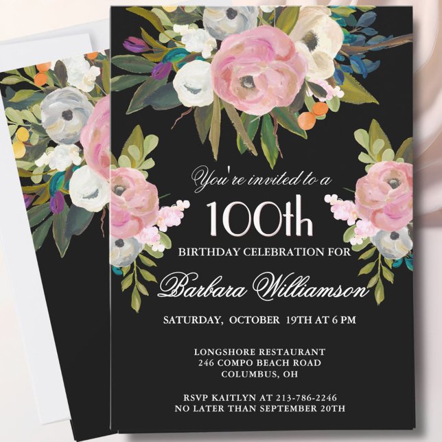 **Elegant Handpainted Floral 100th Birthday Party  Inbjudningar (Skapare uppladdad)
