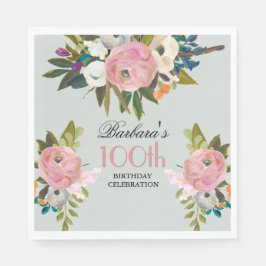 Elegant Handpainted Floral 100th Birthday Party  Pappersservett