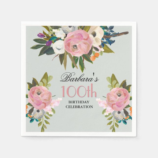Elegant Handpainted Floral 100th Birthday Party  Pappersservett (Framsidan)