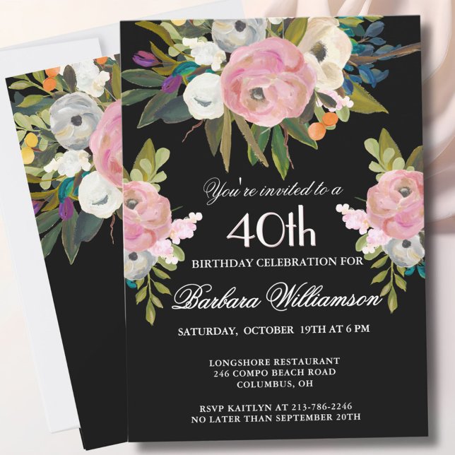*Elegant Handpainted Floral 40th Birthday Party  Inbjudningar (Skapare uppladdad)