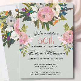 Elegant Handpainted Floral 50th Birthday Party  Inbjudningar