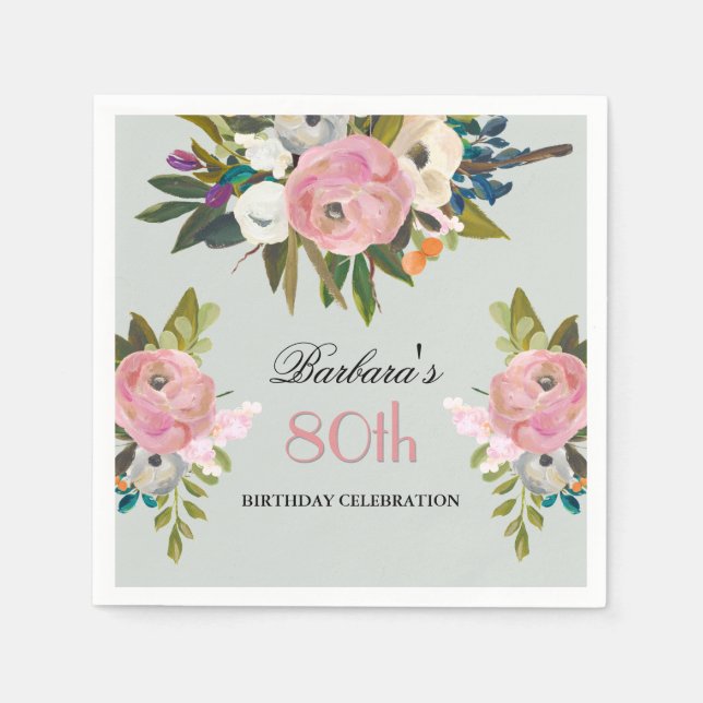 Elegant Handpainted Floral 80th Birthday Party  Pappersservett (Framsidan)