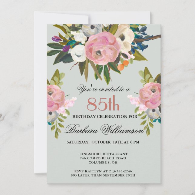 Elegant Handpainted Floral 85th Birthday Party  Inbjudningar (Framsida)