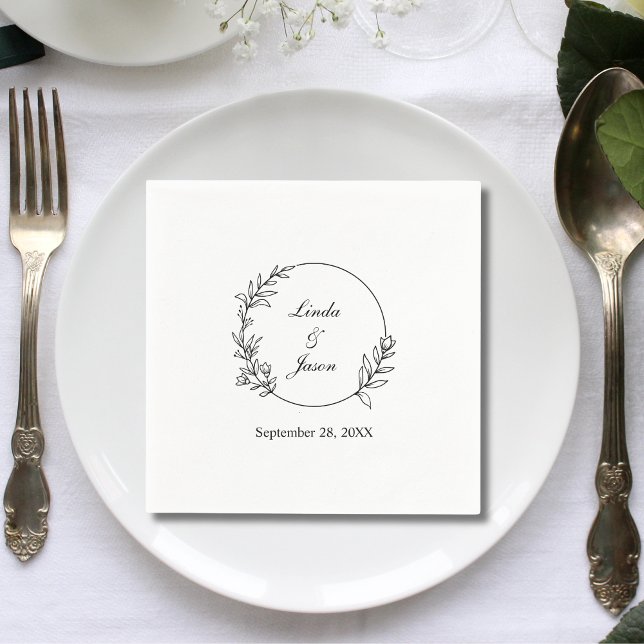 Elegant Handritad Blommig Botanisk Anpassad Bröllo Pappersservett (Elegant hand drawn floral botanical custom napkins add a soft personal touch to your wedding table)