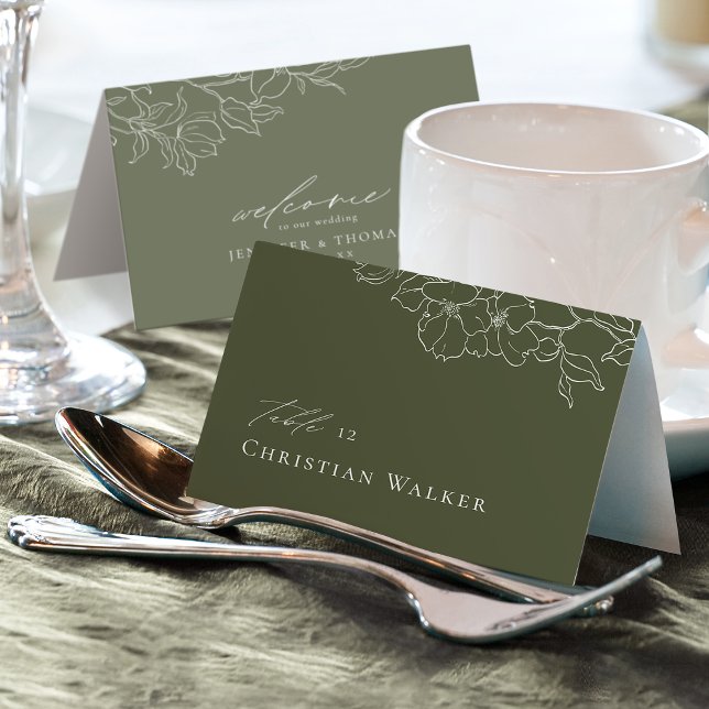 Elegant handritad blomster-platskort i salvia grön bordsnummer (Elegant hand drawn floral sage green Place Card)
