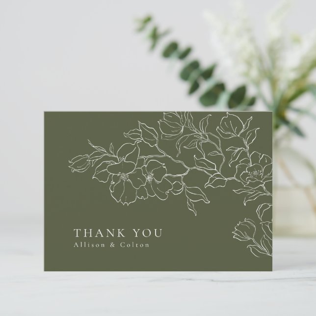 Elegant handritad blomster- sagegrön bröllop tack kort (Stående Fram)