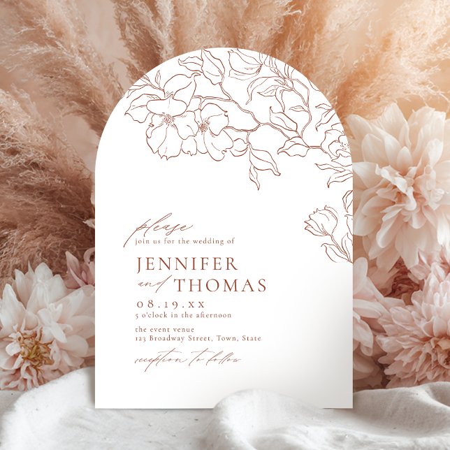 Elegant handritad blomster terrakotta valv vigsel inbjudningar (Elegant hand drawn floral terracotta arch wedding invitation)