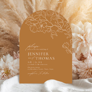 Elegant handritad blomsterguld höstbröllop inbjudningar