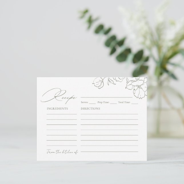 Elegant handritad blomsterkalkgrön receptkort vykort (Stående Fram)