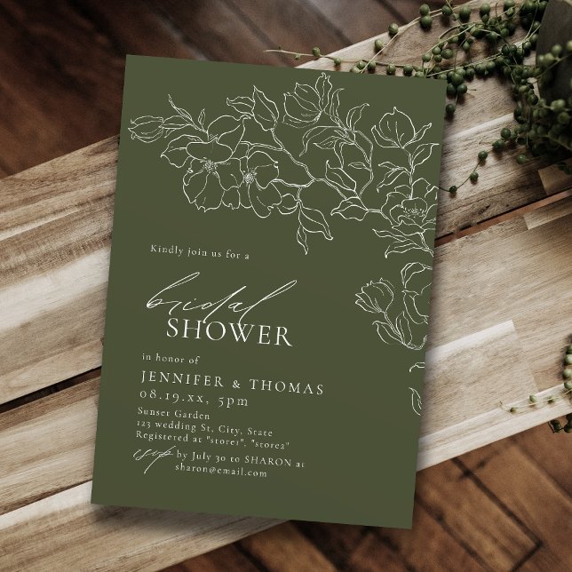 Elegant handritad blomsterkrans i salvia grön Bröl Inbjudningar (Elegant hand drawn floral sage green Bridal Shower Invitation)