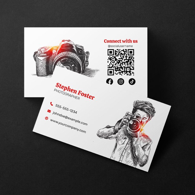Elegant Handritad Fotografikamera QR-kod Visitkort (Skapare uppladdad)