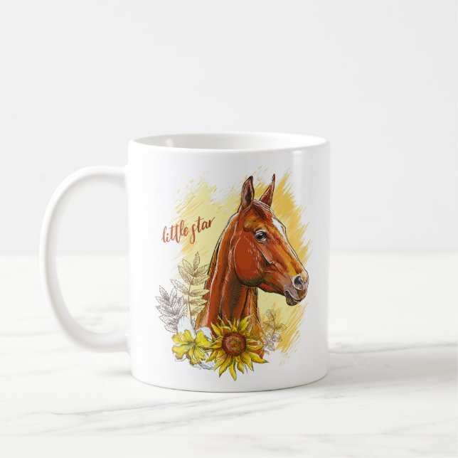 Elegant handritad häst med växter och blommor kaffemugg (Vänster)